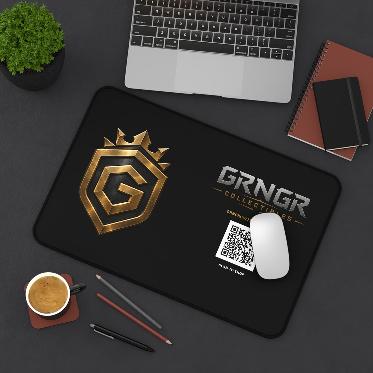 GRNGR Collectibles Gold Crest Desk Mat — Gaming/Office Mouse Pad with QR Logo