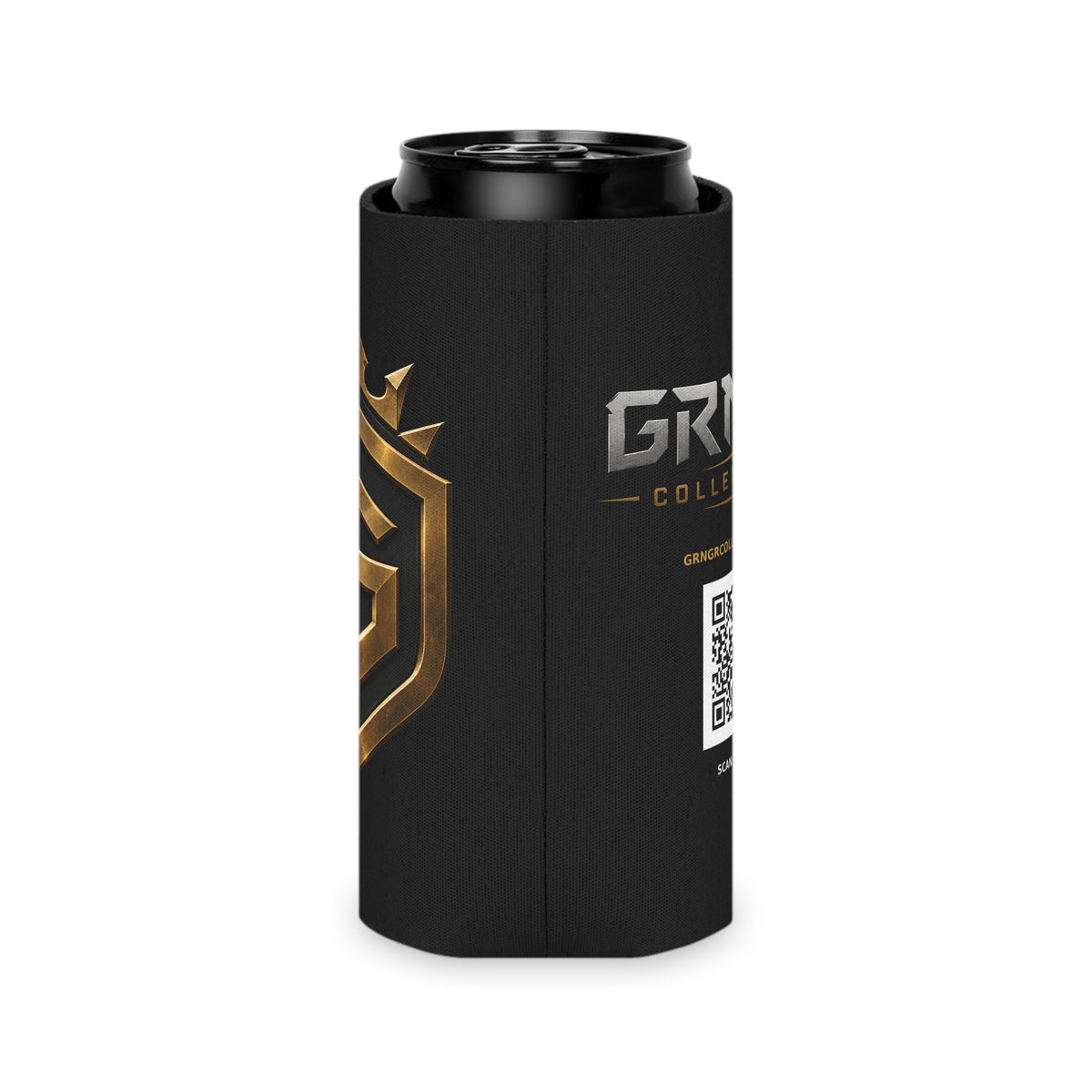Black Can Cooler with Gold Crest – GRNGR Collectibles Logo QR
