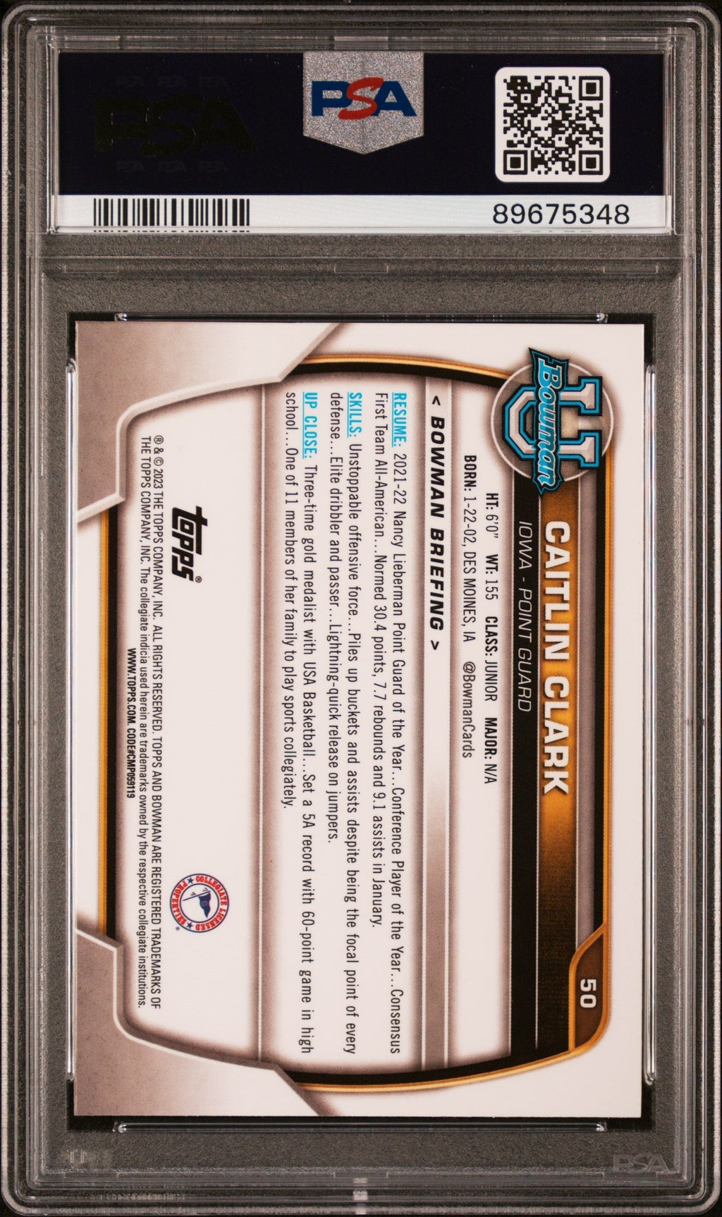 Graded 2022 Topps Bowman University Caitlin Clark #50 Rookie RC Basketball Card PSA 10 Gem Mint