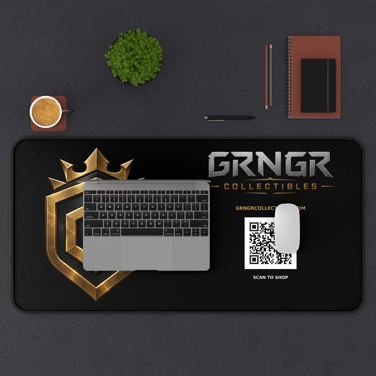 GRNGR Collectibles Gold Crest Desk Mat — Gaming/Office Mouse Pad with QR Logo