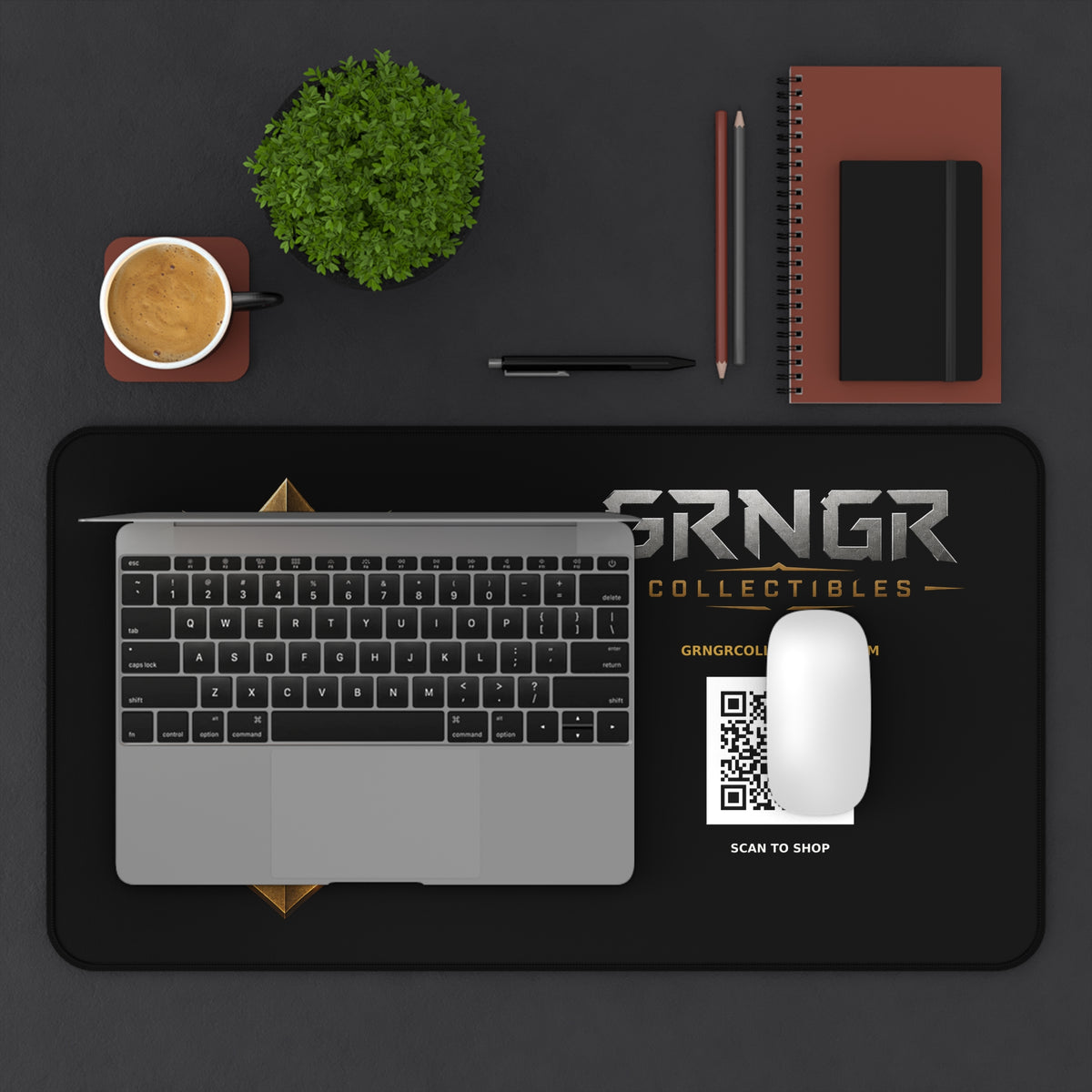 GRNGR Collectibles Gold Crest Desk Mat — Gaming/Office Mouse Pad with QR Logo