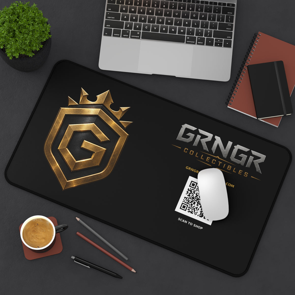 GRNGR Collectibles Gold Crest Desk Mat — Gaming/Office Mouse Pad with QR Logo
